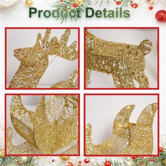 Lighted Christmas Reindeer& Sleigh, 60 LED Light-Up Glittered Deer, Gold - Picture 3 of 5